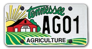 An Ag Tag license plate. It has a farm on it and says "Tennessee" at the top.