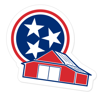 A sticker of the Pick Tennessee Products logo, of a red barn and Tennessee Tristar.